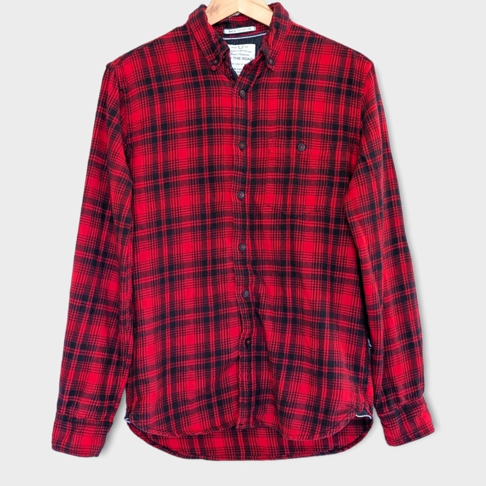 On The Road Flannel Shirt Slim Fit Small Red Black Plaid Long Sleeve Men